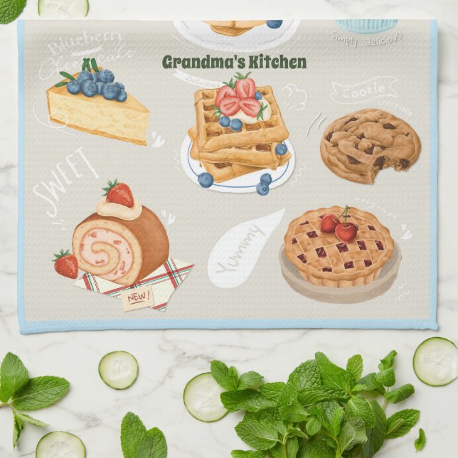 Watercolor Dessert Cake Cookie Pie Grandma's  Tea Towel (Folded)