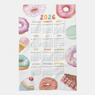 Watercolor Dessert Doughnut 2026 Calendar Tea Towel