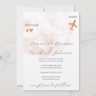 Watercolor Destination plane flight abroad wedding Invitation