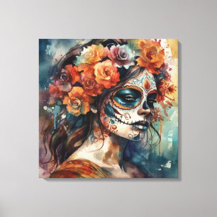 Watercolor Día de los Muertos Catrina Portrait Canvas Print