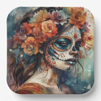 Watercolor Día de los Muertos Catrina Portrait Paper Plate