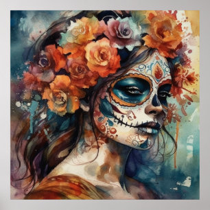 Watercolor Día de los Muertos Catrina Portrait Poster