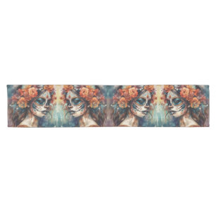 Watercolor Día de los Muertos Catrina Portrait Short Table Runner