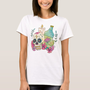 Watercolor Dia de los Muertos Skull, Candle, Drink T-Shirt