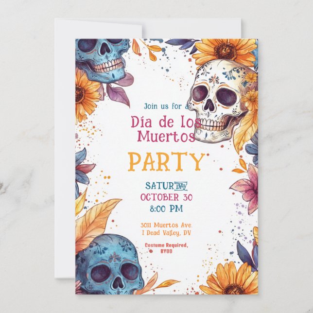 💀 Watercolor Día de Muertos Party Invitation (Front)
