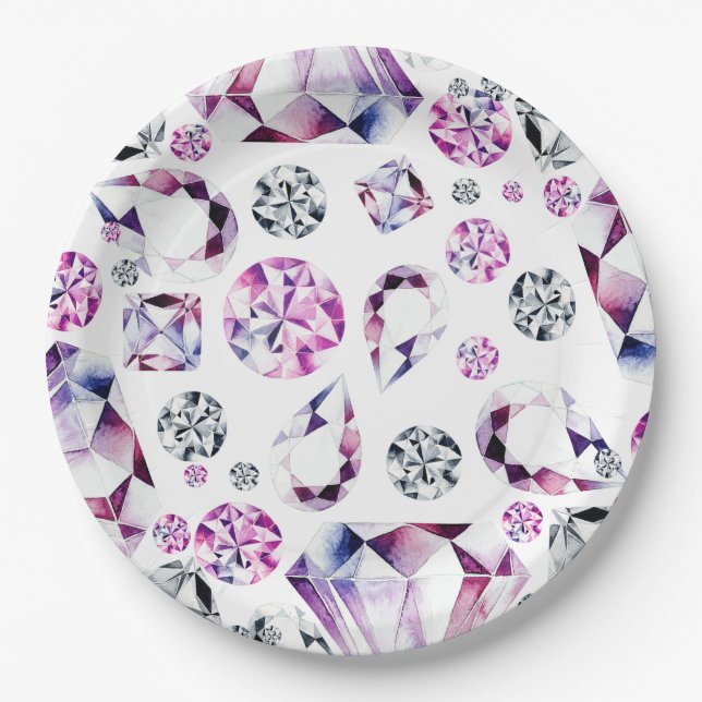 Watercolor Diamond Gems Party Paper Plates (Front)