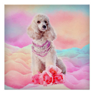 Watercolor digital art Poodle with flowers Poster