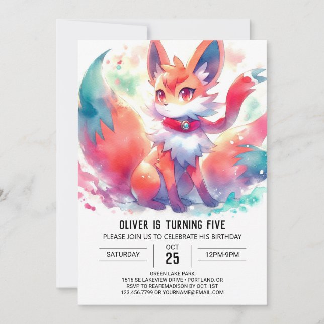Watercolor Digital Fox Birthday Invitation (Front)