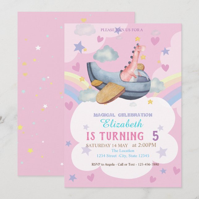 Watercolor Dino Aeroplane Rainbow Birthday Invitation (Front/Back)