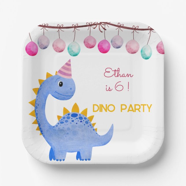 Watercolor Dino party kids birthday Paper Plate (Front)
