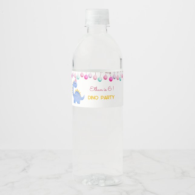 Watercolor Dino party kids birthday  Water Bottle Label (Front)