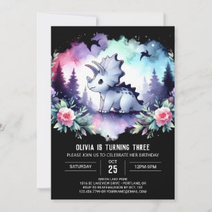 Watercolor Dino Triceratops Birthday Invitation