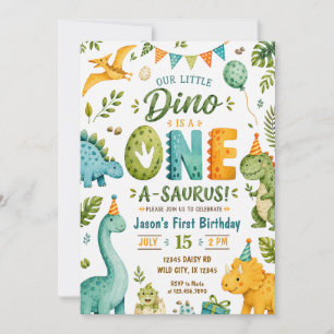 Watercolor Dinosaur 1st Birthday Invitation