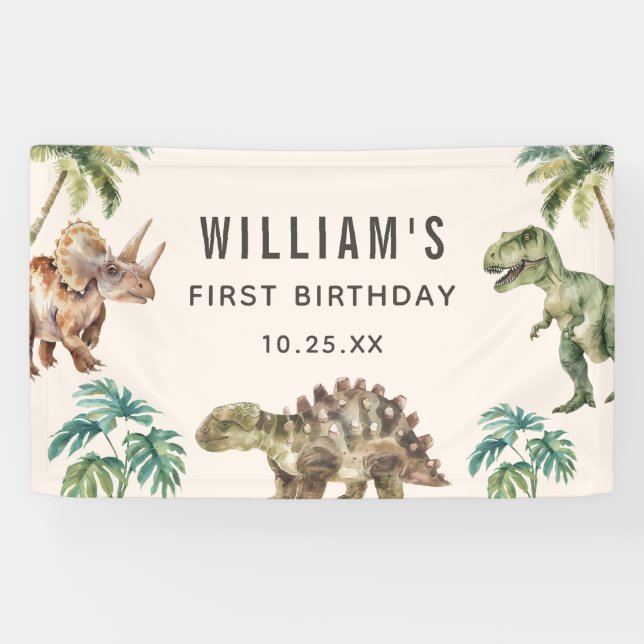 Watercolor Dinosaur 1st Birthday Party Banner (Horizontal)