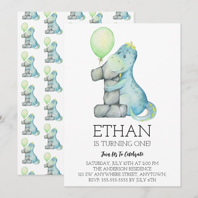 Watercolor Dinosaur 1st Birthday Party Invitation (Front/Back)