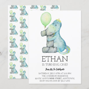 Watercolor Dinosaur 1st Birthday Party Invitation