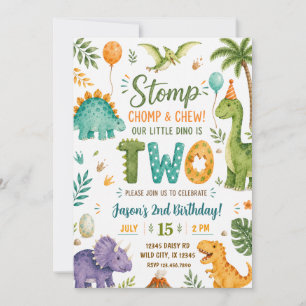 Watercolor Dinosaur 2nd Birthday Invitation