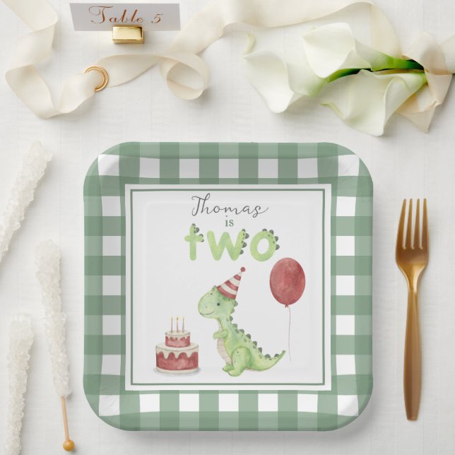 Watercolor Dinosaur 2nd birthday Paper Plate (Wedding)