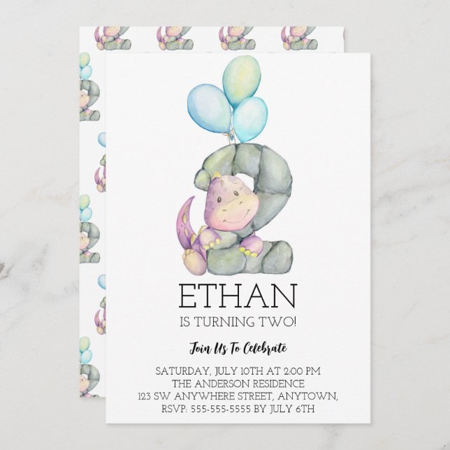 Watercolor Dinosaur 2nd Birthday Party Invitation (Front/Back)