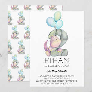 Watercolor Dinosaur 2nd Birthday Party Invitation