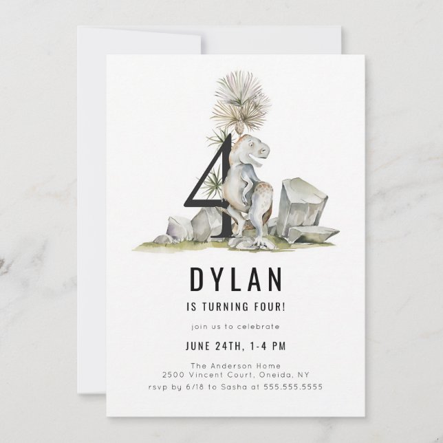 Watercolor Dinosaur 4th Birthday Invitation (Front)