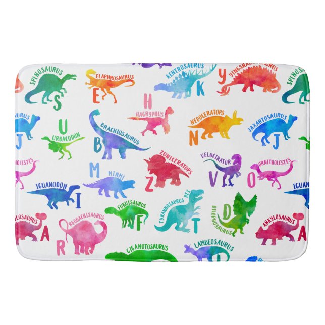 Watercolor Dinosaur Alphabet Colourful Dino Kids Bath Mat (Front)