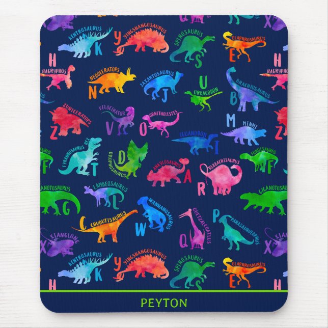 Watercolor Dinosaur Alphabet Colourful Dino Kids Mouse Mat (Front)