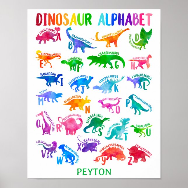 Watercolor Dinosaur Alphabet Colourful Dino Kids Poster (Front)