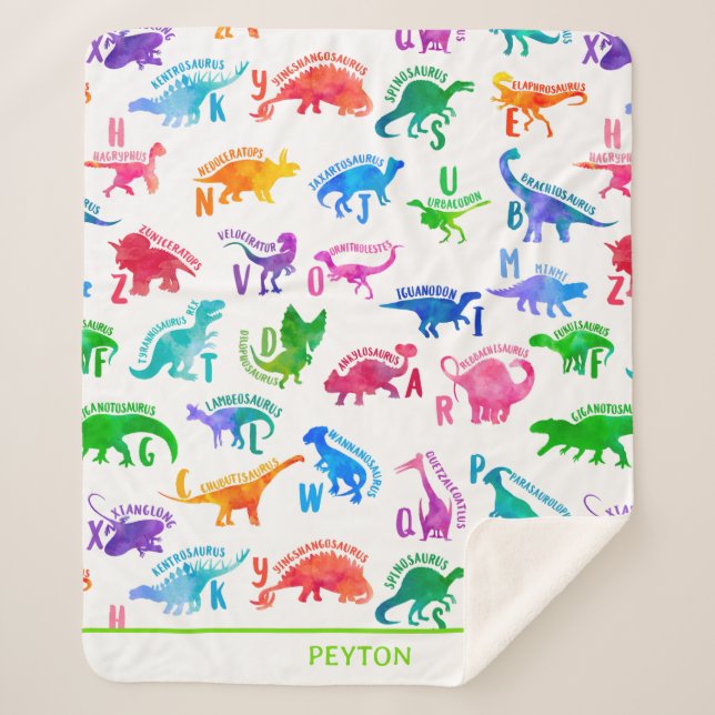 Watercolor Dinosaur Alphabet Colourful Dino Kids Sherpa Blanket (Front)