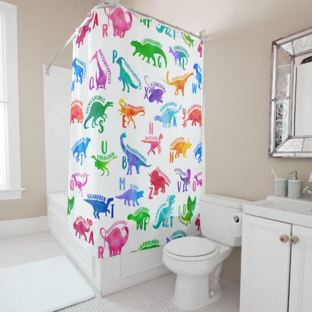 Watercolor Dinosaur Alphabet Colourful Dino Kids Shower Curtain (In Situ)