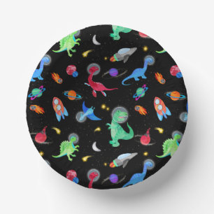 Watercolor Dinosaur Astronauts In Space Birthday Paper Plate
