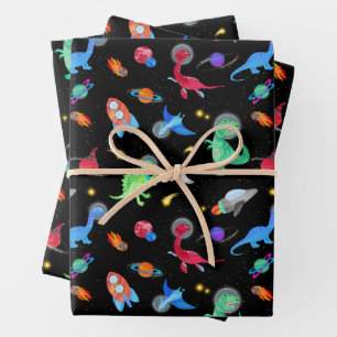 Watercolor Dinosaur Astronauts In Space Birthday Wrapping Paper Sheet