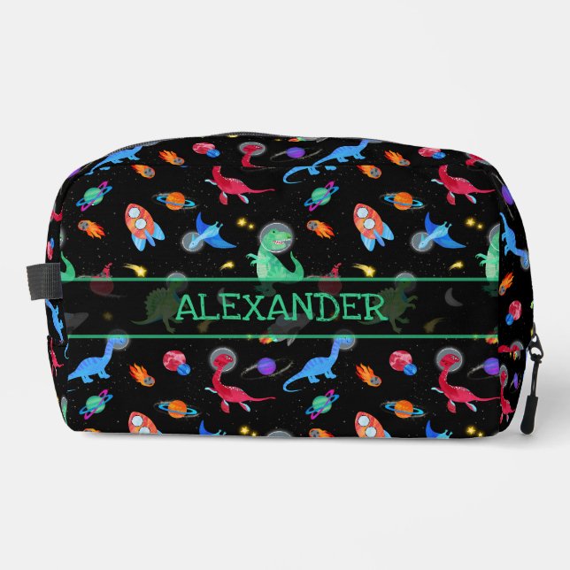 Watercolor Dinosaur Astronauts In Space Black Dopp Kit (Front)