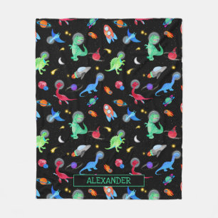 Watercolor Dinosaur Astronauts In Space Black Fleece Blanket