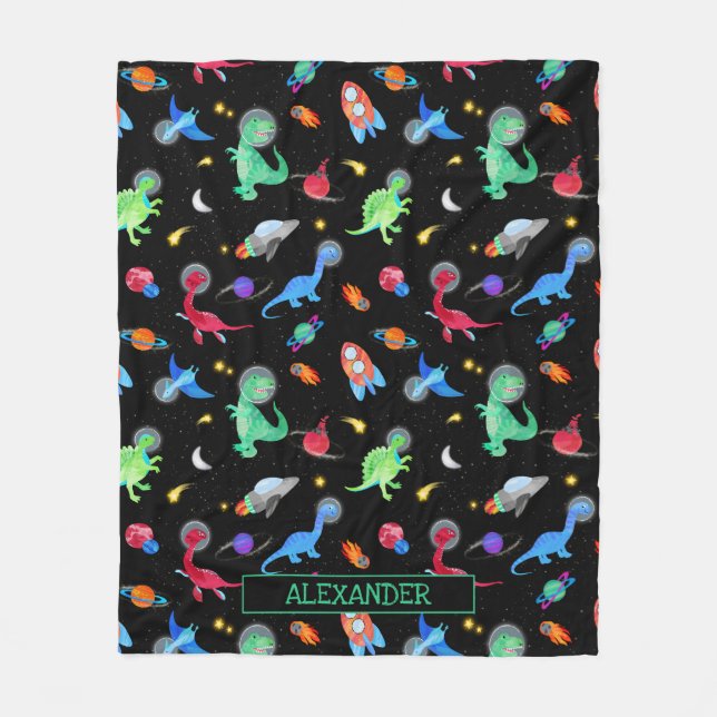 Watercolor Dinosaur Astronauts In Space Black Fleece Blanket (Front)