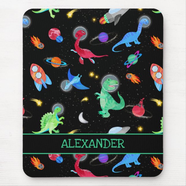 Watercolor Dinosaur Astronauts In Space Black Mouse Mat (Front)