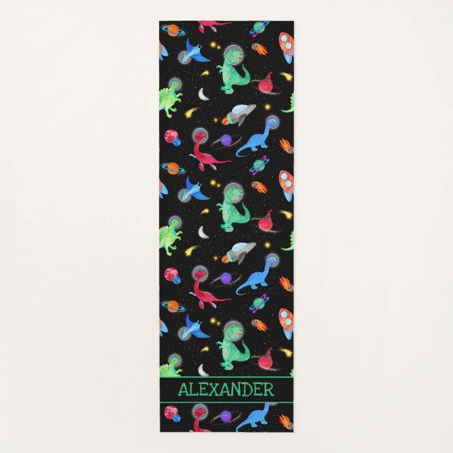 Watercolor Dinosaur Astronauts In Space Black Yoga Mat (Front)
