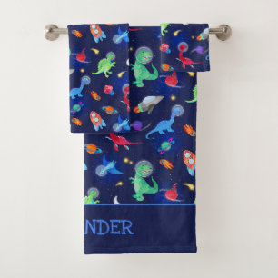 Watercolor Dinosaur Astronauts In Space Blue Bath Towel Set