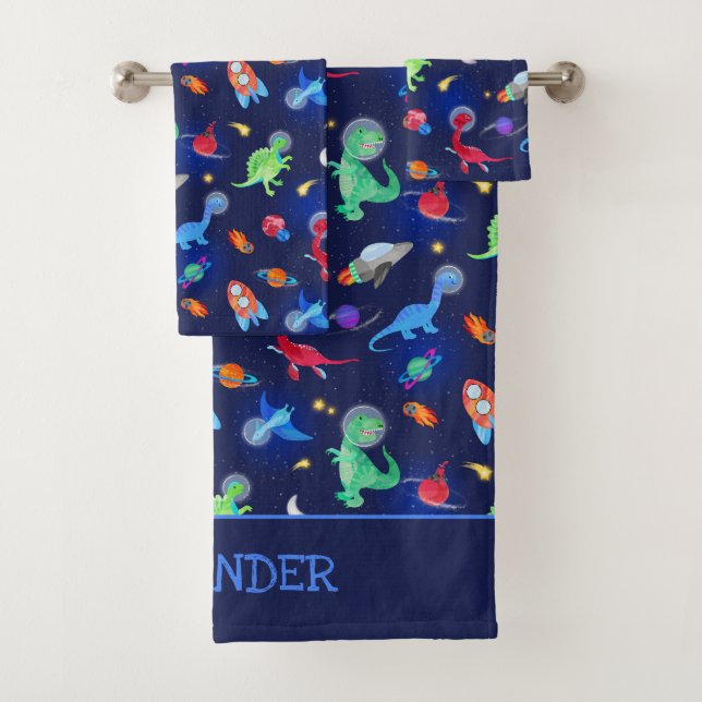 Watercolor Dinosaur Astronauts In Space Blue Bath Towel Set (Insitu)