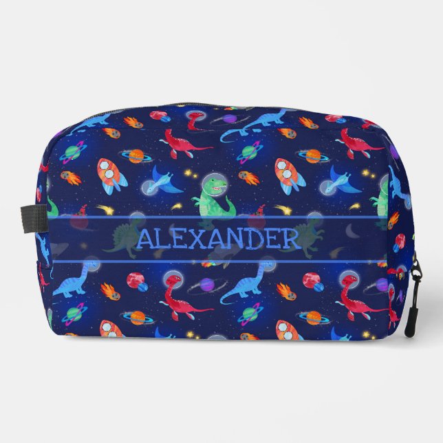 Watercolor Dinosaur Astronauts In Space Blue Dopp Kit (Front)