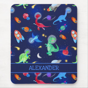 Watercolor Dinosaur Astronauts In Space Blue Mouse Mat