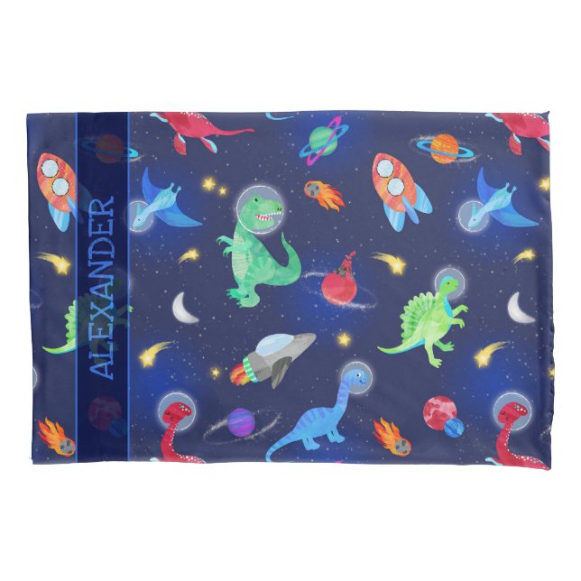 Watercolor Dinosaur Astronauts In Space Blue Pillowcase (Front)