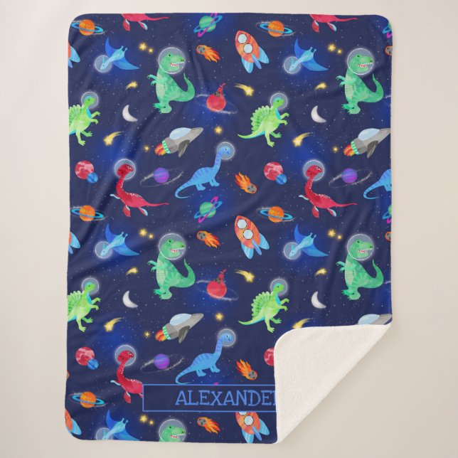 Watercolor Dinosaur Astronauts In Space Blue Sherpa Blanket (Front)
