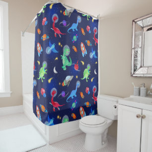 Watercolor Dinosaur Astronauts In Space Blue Shower Curtain