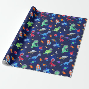 Watercolor Dinosaur Astronauts In Space Blue Wrapping Paper