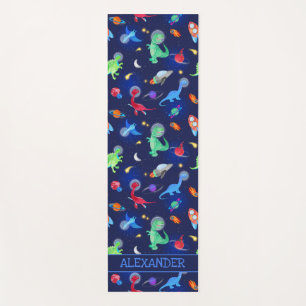 Watercolor Dinosaur Astronauts In Space Blue Yoga Mat