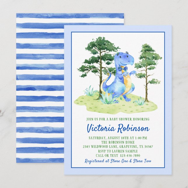 Watercolor Dinosaur Baby Boy Shower Invitation (Front/Back)
