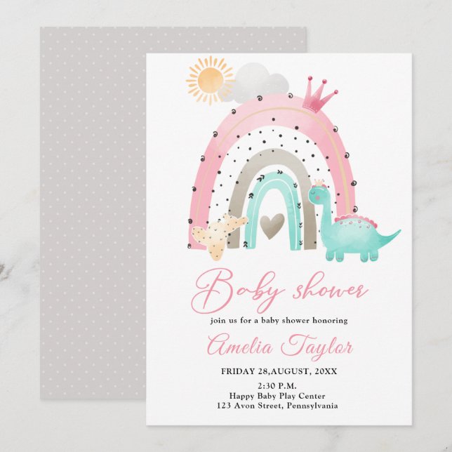 Watercolor Dinosaur  Baby Girl Dino baby shower In Invitation (Front/Back)