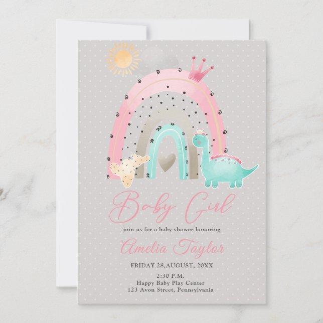 Watercolor Dinosaur  Baby Girl Dino baby shower Invitation (Front)