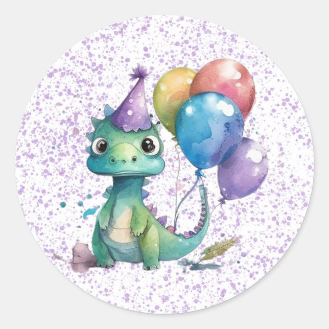 Watercolor Dinosaur Balloons Girl Birthday Party Classic Round Sticker (Front)